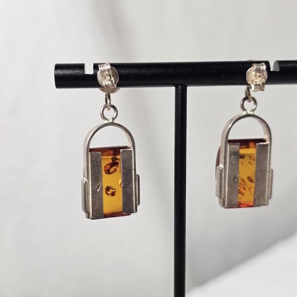 Vintage Sterling Silver Genuine Amber Stone Tube Bar Jar Dangling Stud Earrings - Picture 6 of 10